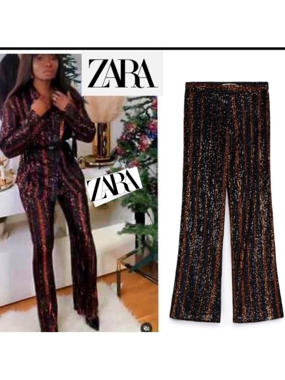 ZARA Abbey Flared Black and burnt orange pinstripe sequins flared trouser pants